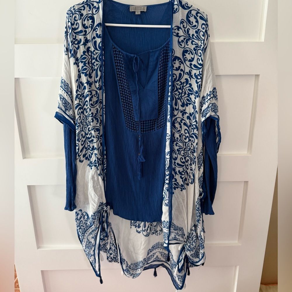 Joseph Blue long sleeve with Blue and White Patterned Blouse with kimono